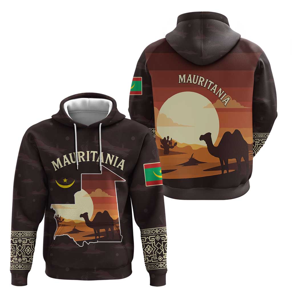 Mauritania Zip Hoodie with Desert Sunset Camel Silhouette and Flag Accents