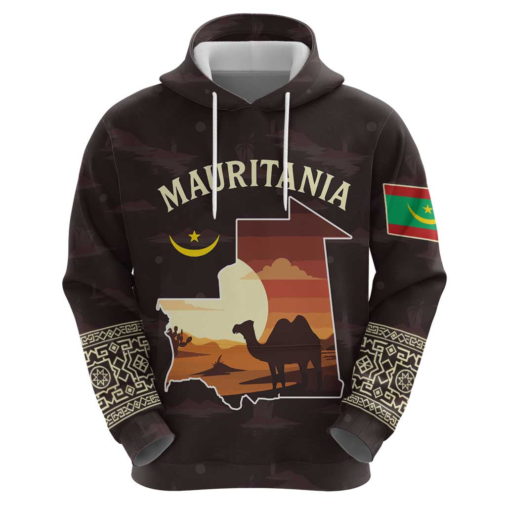 Mauritania Zip Hoodie with Desert Sunset Camel Silhouette and Flag Accents