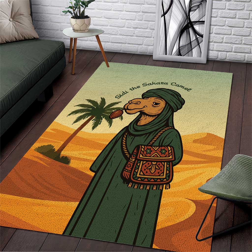 Mauritania Area Rug with Sidi the Sahara Camel Cartoon and Desert Caravan Design