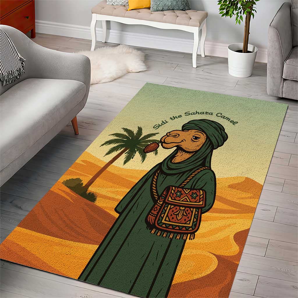 Mauritania Area Rug with Sidi the Sahara Camel Cartoon and Desert Caravan Design