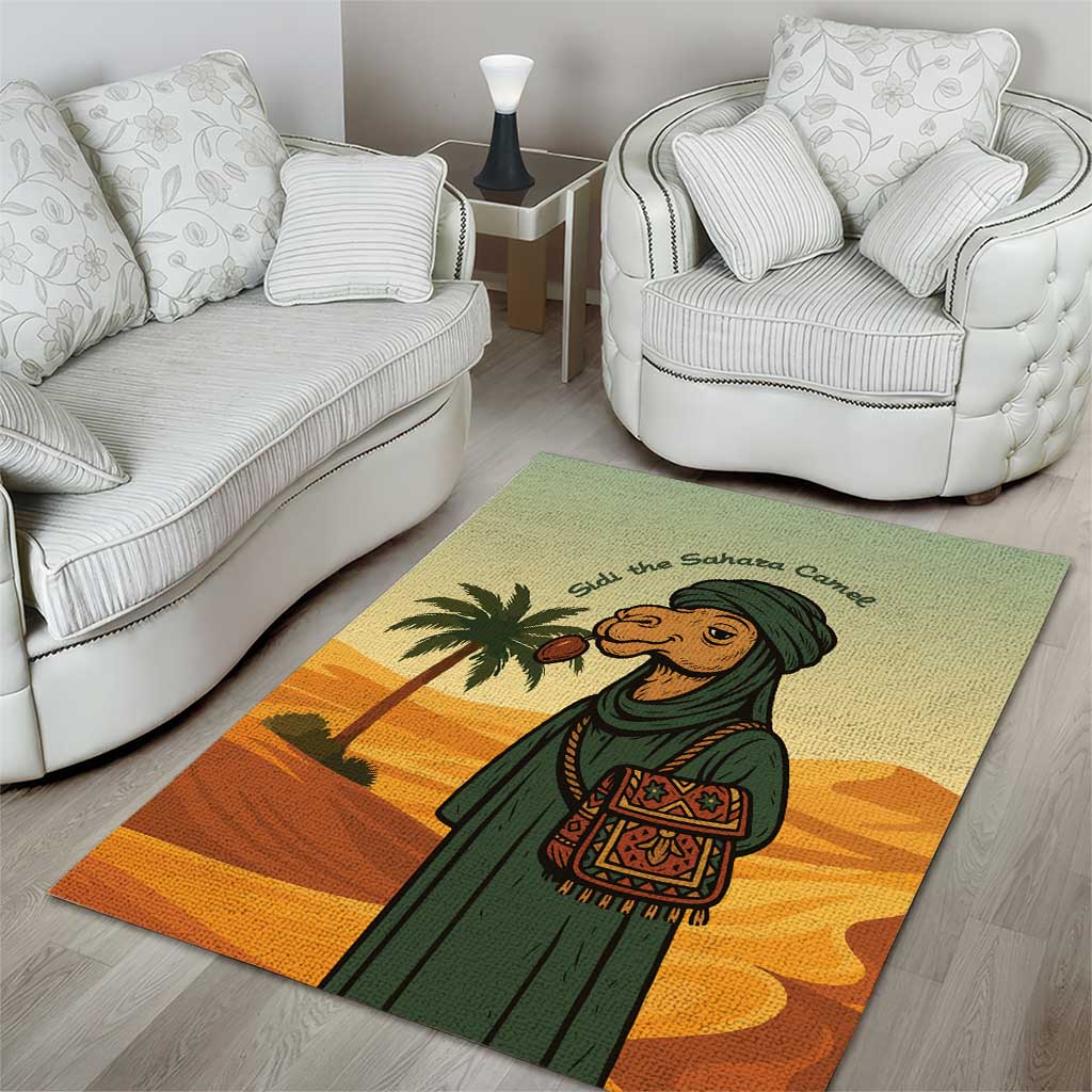 Mauritania Area Rug with Sidi the Sahara Camel Cartoon and Desert Caravan Design