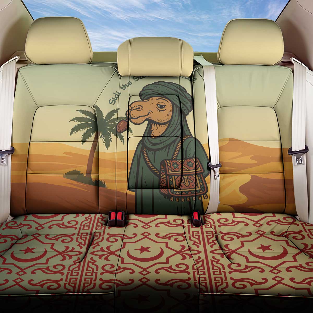 Mauritania Back Car Seat Cover with Sidi the Sahara Camel Cartoon and Desert Caravan Design