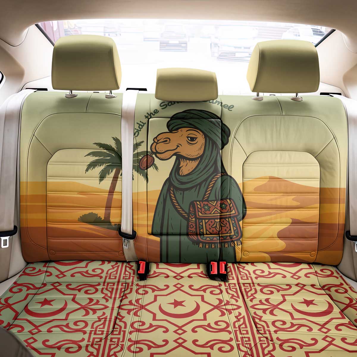 Mauritania Back Car Seat Cover with Sidi the Sahara Camel Cartoon and Desert Caravan Design