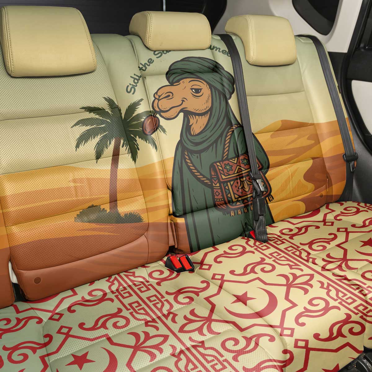 Mauritania Back Car Seat Cover with Sidi the Sahara Camel Cartoon and Desert Caravan Design