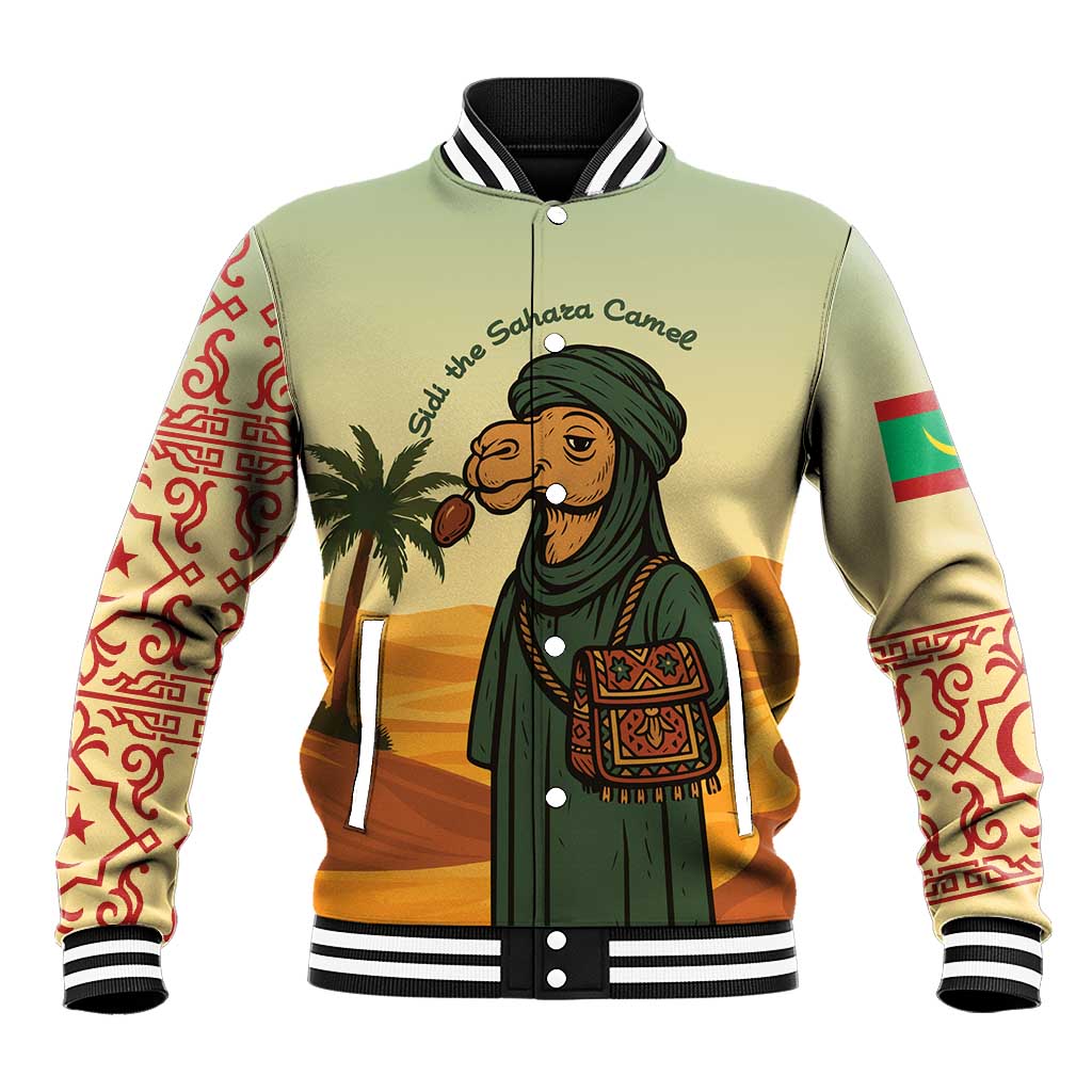 Mauritania Baseball Jacket with Sidi the Sahara Camel Cartoon and Desert Caravan Design