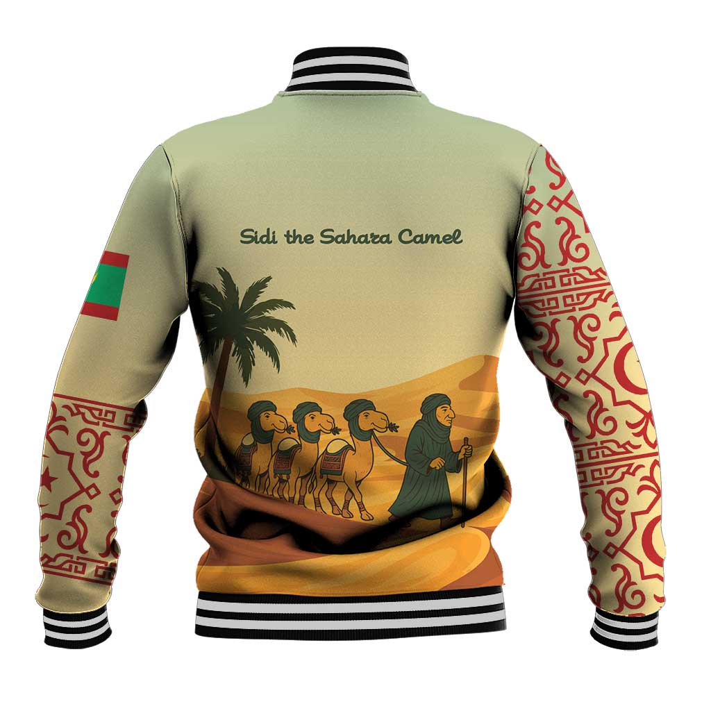 Mauritania Baseball Jacket with Sidi the Sahara Camel Cartoon and Desert Caravan Design