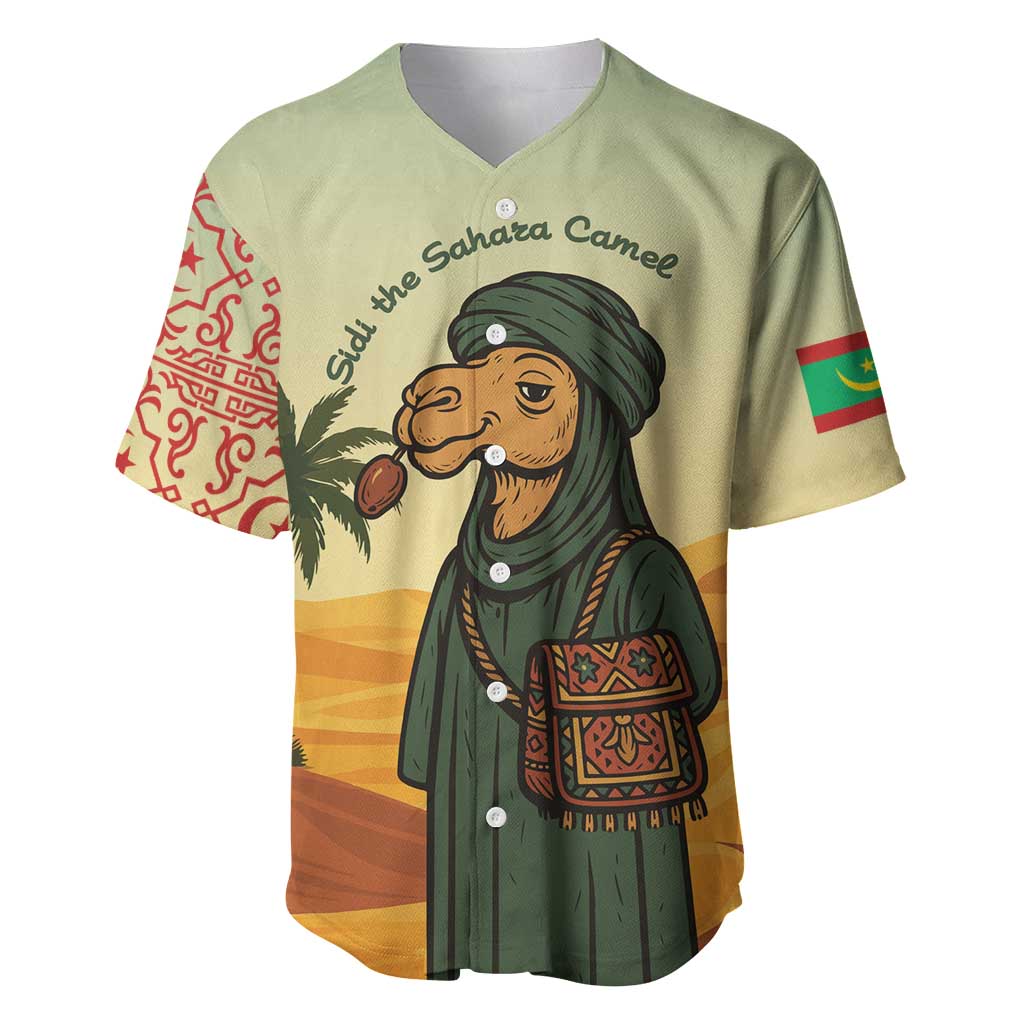 Mauritania Baseball Jersey with Sidi the Sahara Camel Cartoon and Desert Caravan Design