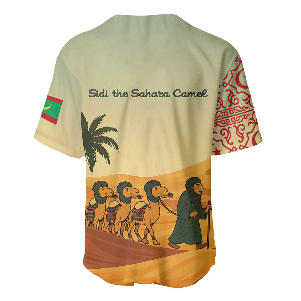 Mauritania Baseball Jersey with Sidi the Sahara Camel Cartoon and Desert Caravan Design
