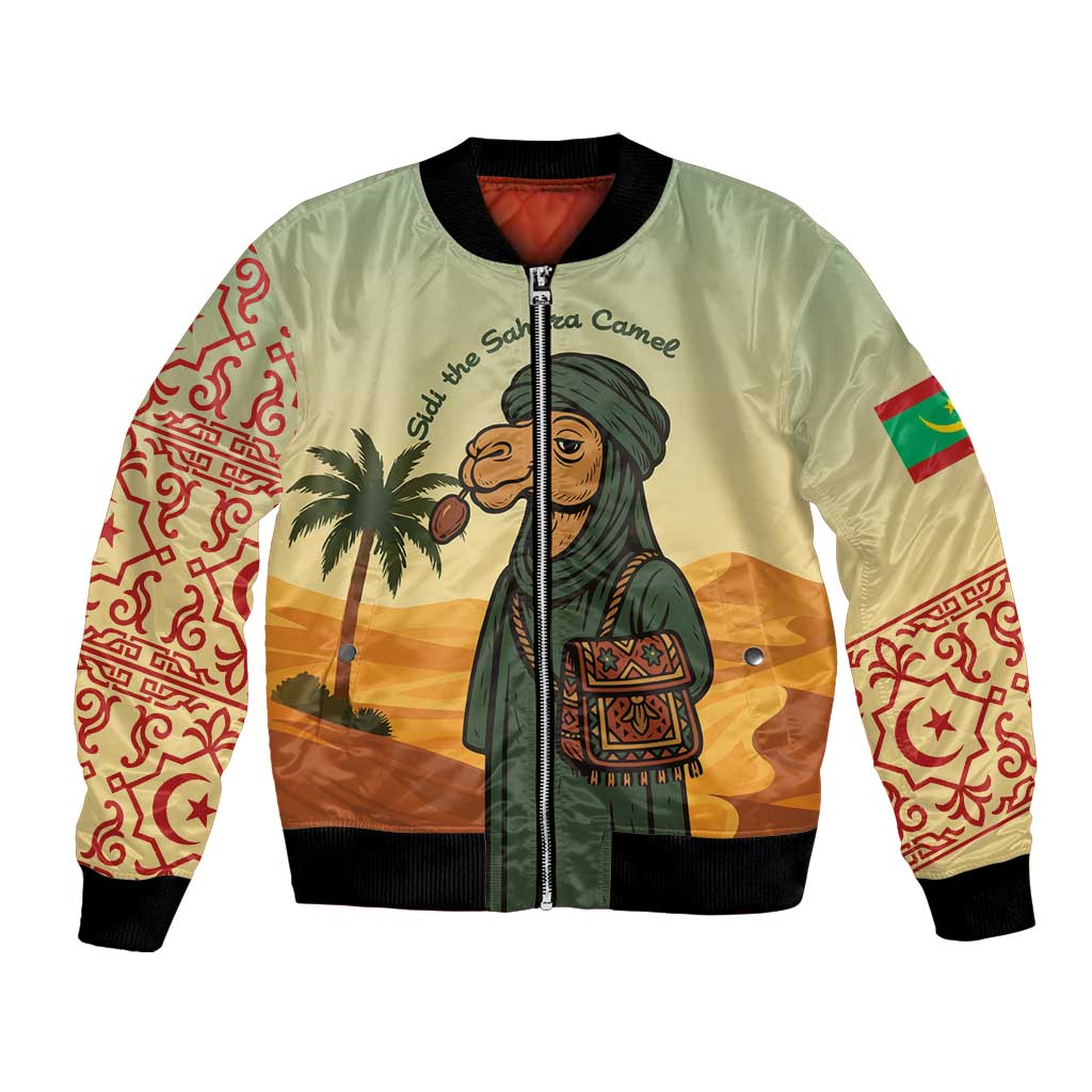 Mauritania Bomber Jacket with Sidi the Sahara Camel Cartoon and Desert Caravan Design