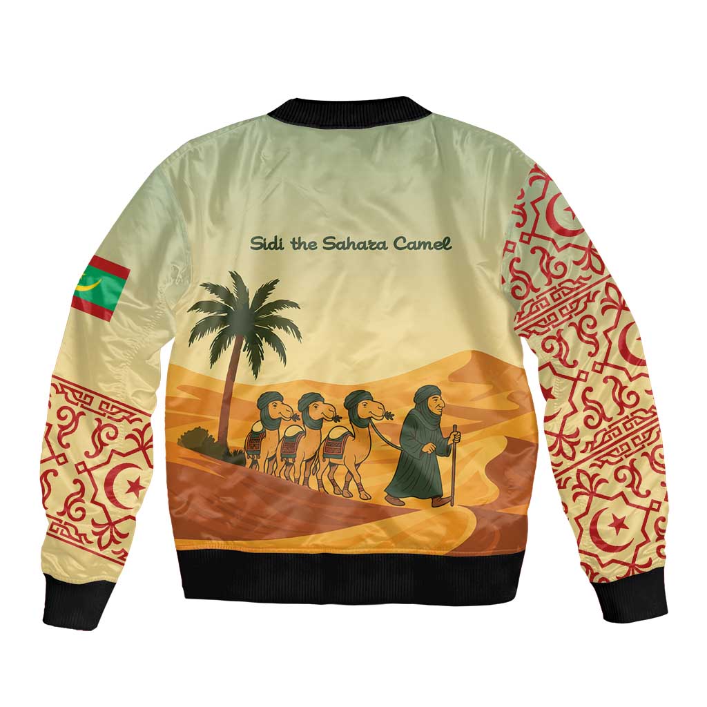 Mauritania Bomber Jacket with Sidi the Sahara Camel Cartoon and Desert Caravan Design