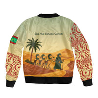 Mauritania Bomber Jacket with Sidi the Sahara Camel Cartoon and Desert Caravan Design