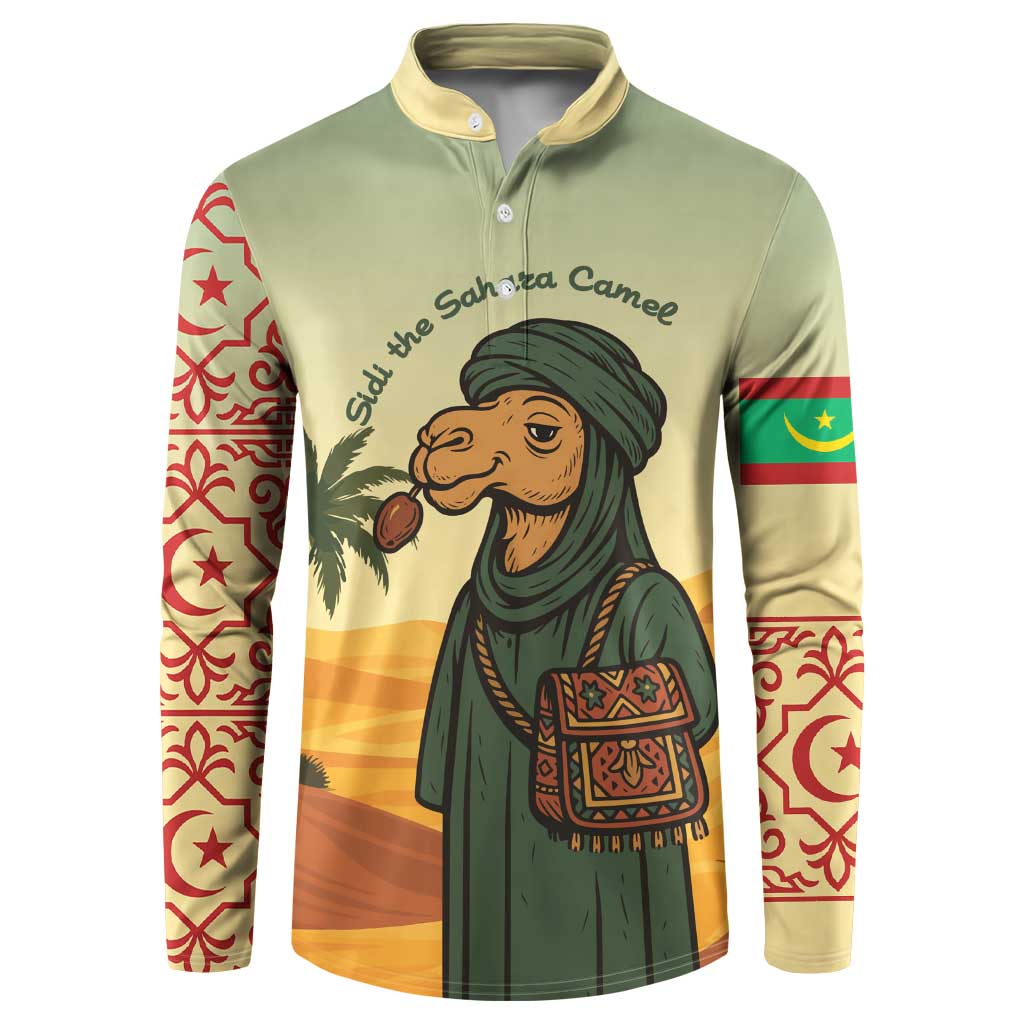 Mauritania Button Sweatshirt with Sidi the Sahara Camel Cartoon and Desert Caravan Design