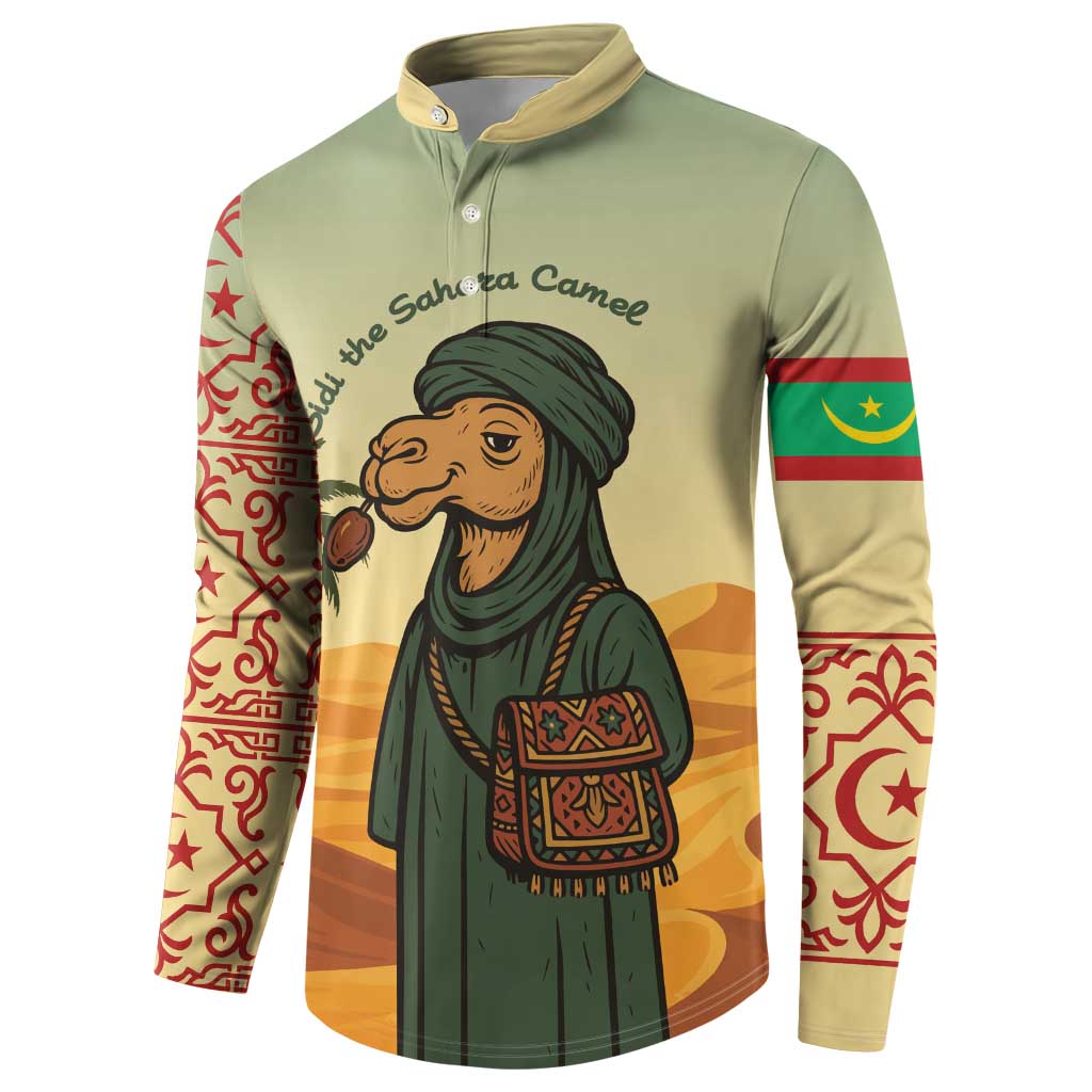 Mauritania Button Sweatshirt with Sidi the Sahara Camel Cartoon and Desert Caravan Design