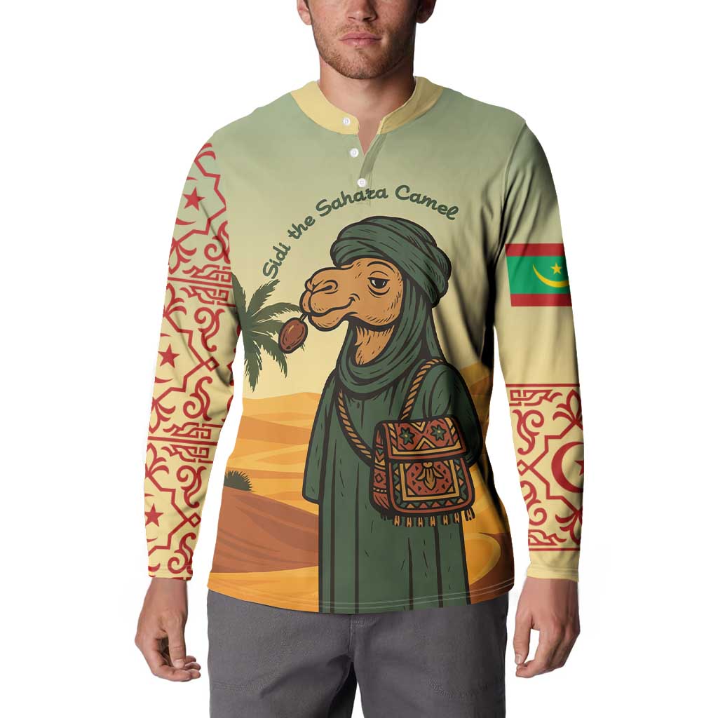 Mauritania Button Sweatshirt with Sidi the Sahara Camel Cartoon and Desert Caravan Design