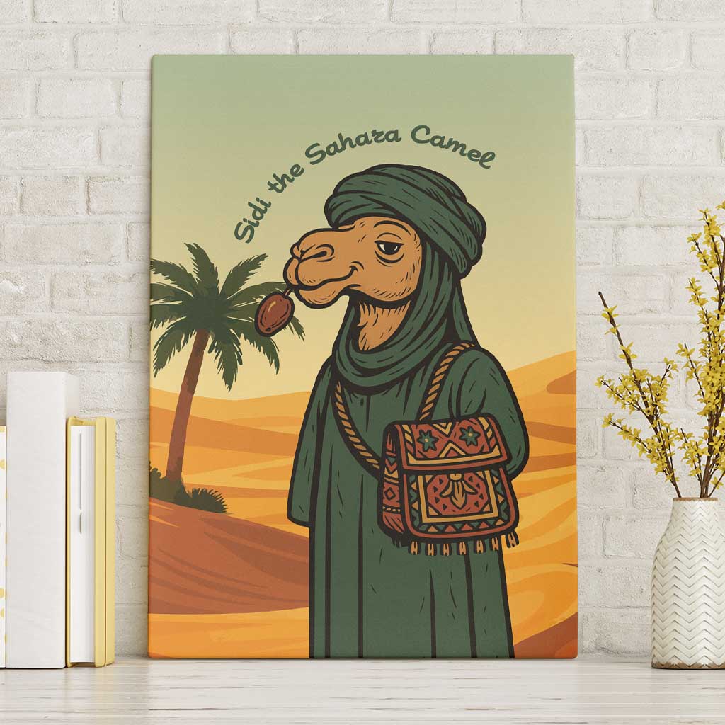 Mauritania Canvas Wall Art with Sidi the Sahara Camel Cartoon and Desert Caravan Design