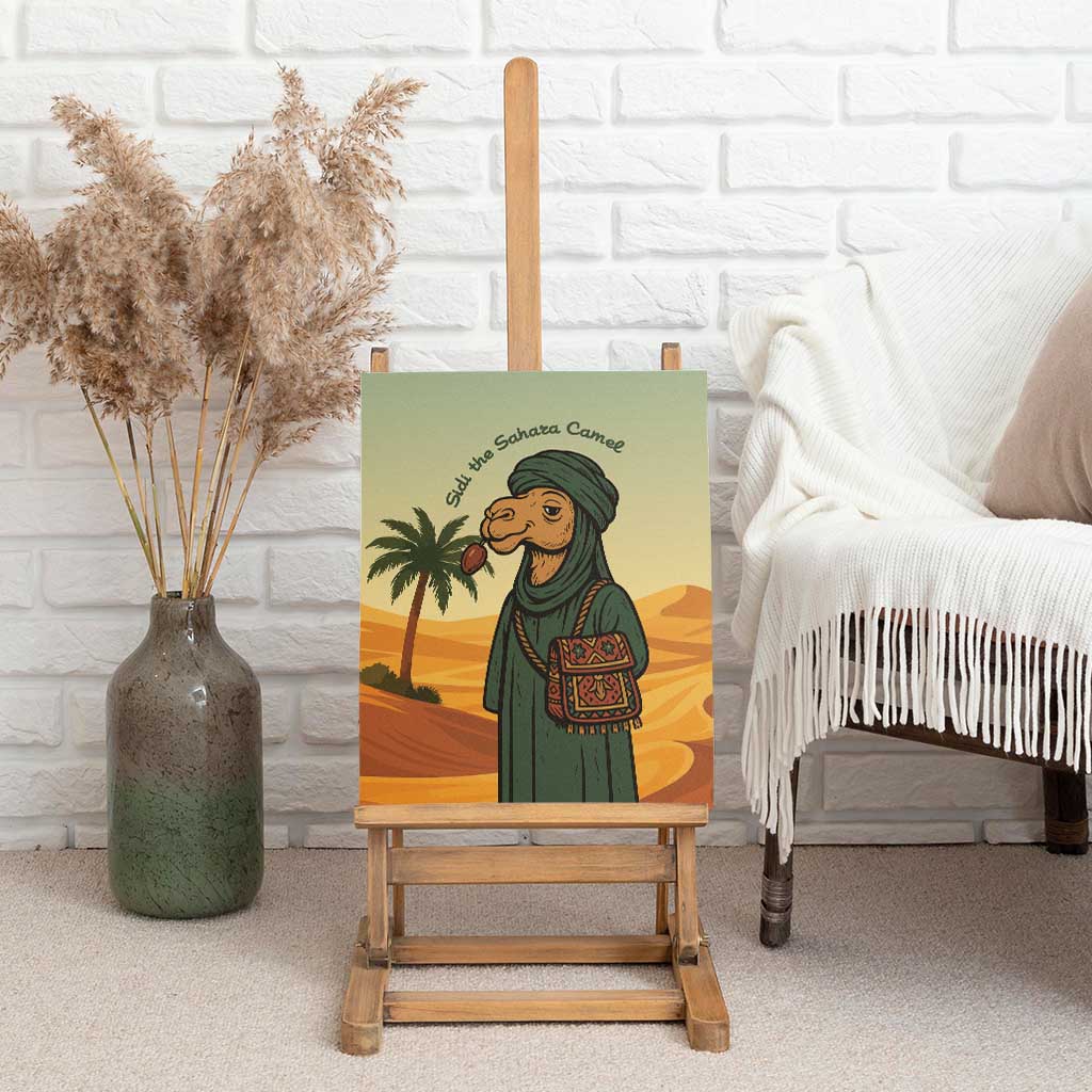 Mauritania Canvas Wall Art with Sidi the Sahara Camel Cartoon and Desert Caravan Design