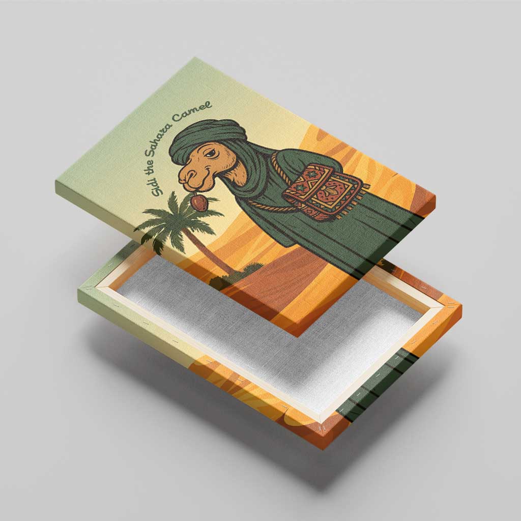 Mauritania Canvas Wall Art with Sidi the Sahara Camel Cartoon and Desert Caravan Design