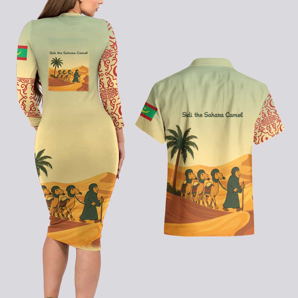 Mauritania Couples Matching Long Sleeve Bodycon Dress and Hawaiian Shirt with Sidi the Sahara Camel Cartoon and Desert Caravan Design