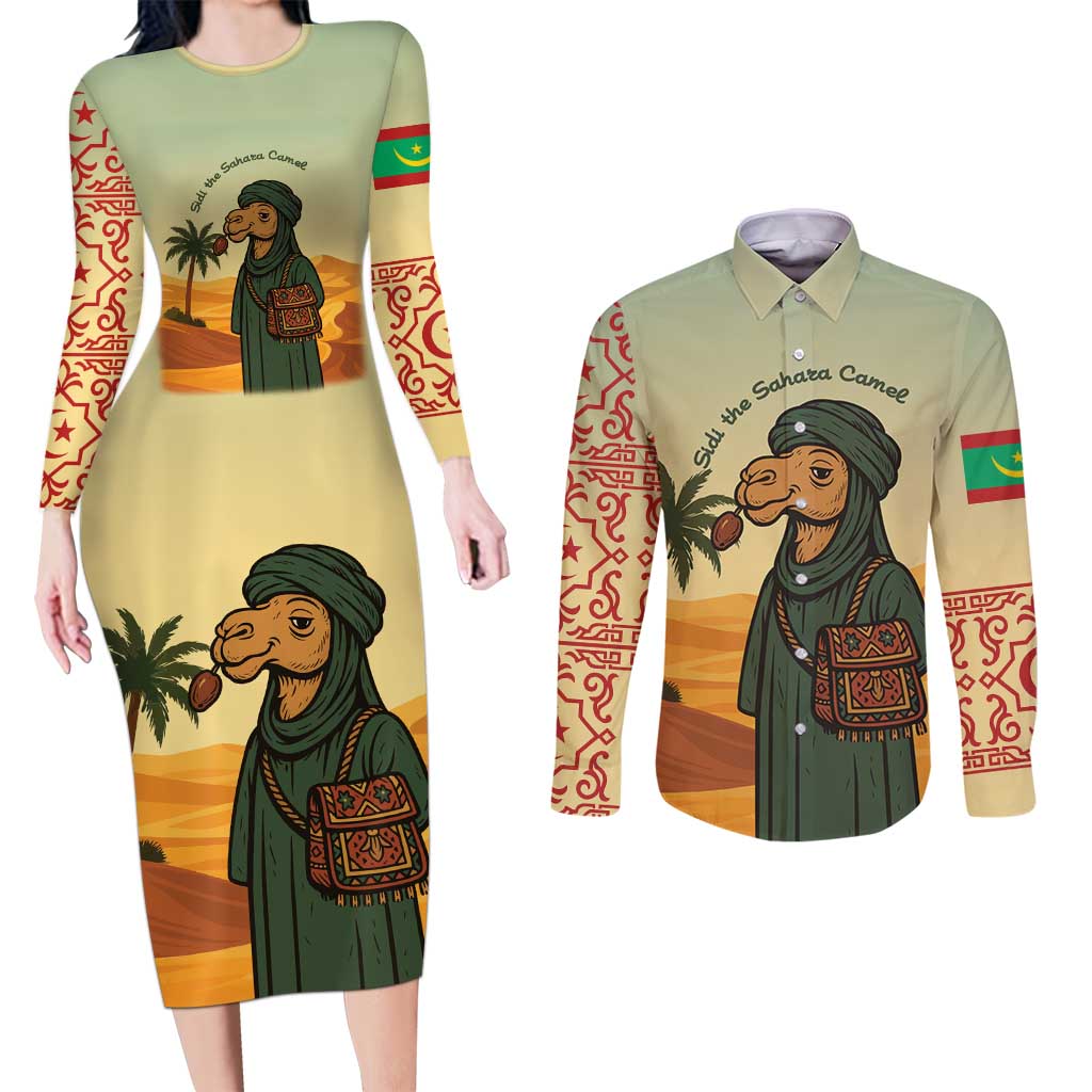 Mauritania Couples Matching Long Sleeve Bodycon Dress and Long Sleeve Button Shirt with Sidi the Sahara Camel Cartoon and Desert Caravan Design