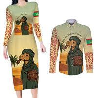 Mauritania Couples Matching Long Sleeve Bodycon Dress and Long Sleeve Button Shirt with Sidi the Sahara Camel Cartoon and Desert Caravan Design