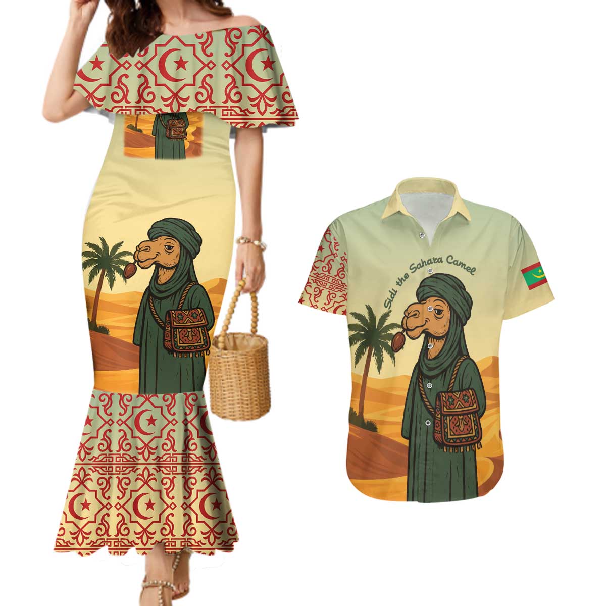 Mauritania Couples Matching Mermaid Dress and Hawaiian Shirt with Sidi the Sahara Camel Cartoon and Desert Caravan Design