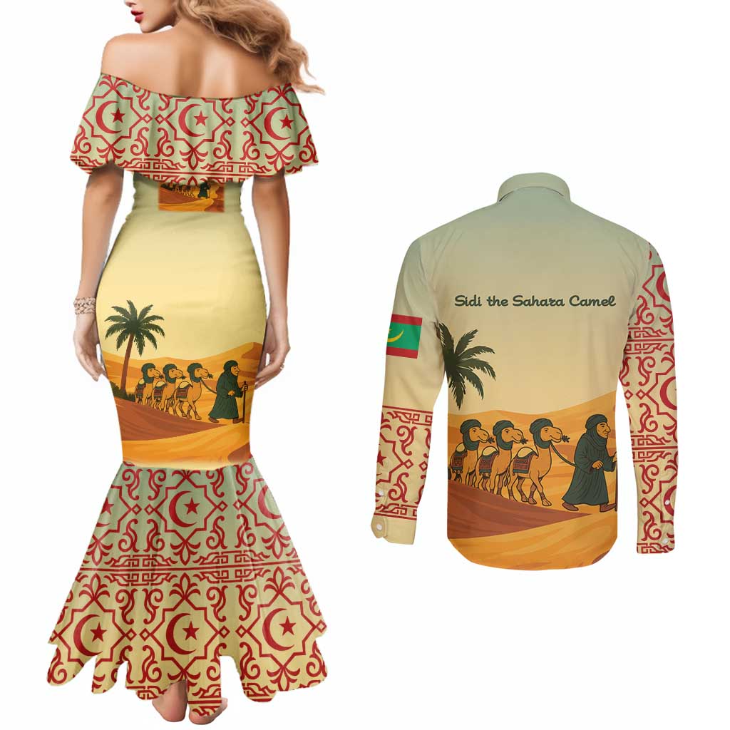 Mauritania Couples Matching Mermaid Dress and Long Sleeve Button Shirt with Sidi the Sahara Camel Cartoon and Desert Caravan Design
