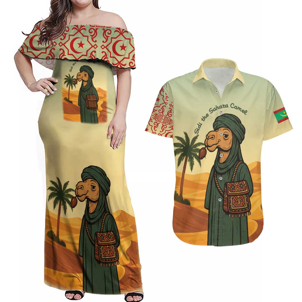 Mauritania Couples Matching Off Shoulder Maxi Dress and Hawaiian Shirt with Sidi the Sahara Camel Cartoon and Desert Caravan Design