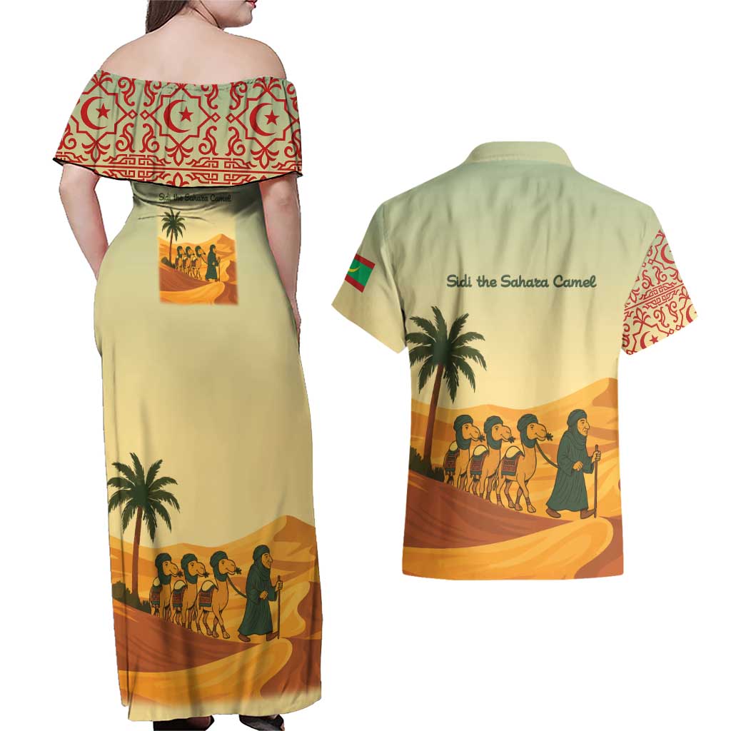 Mauritania Couples Matching Off Shoulder Maxi Dress and Hawaiian Shirt with Sidi the Sahara Camel Cartoon and Desert Caravan Design