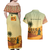 Mauritania Couples Matching Off Shoulder Maxi Dress and Hawaiian Shirt with Sidi the Sahara Camel Cartoon and Desert Caravan Design