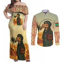 Mauritania Couples Matching Off Shoulder Maxi Dress and Long Sleeve Button Shirt with Sidi the Sahara Camel Cartoon and Desert Caravan Design