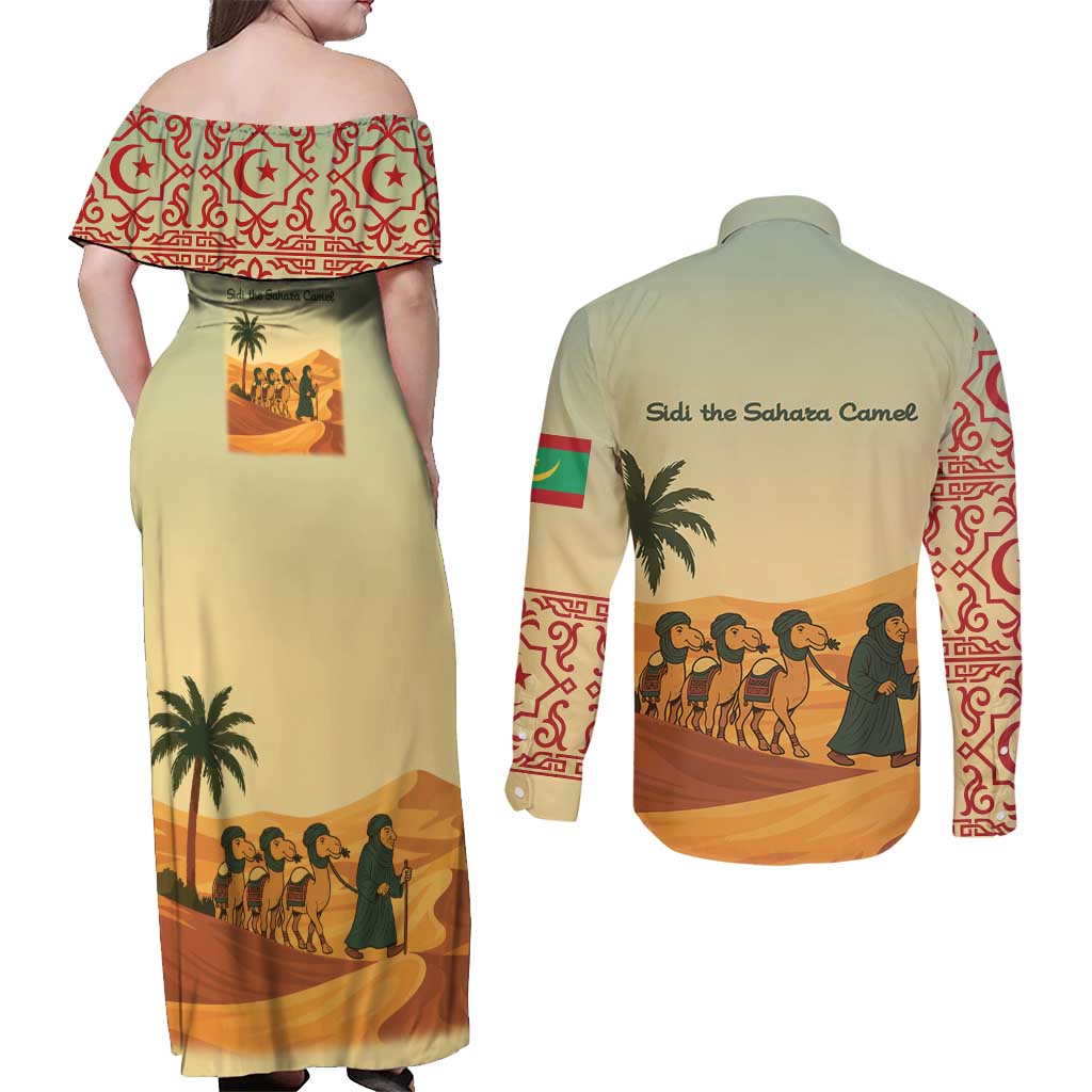 Mauritania Couples Matching Off Shoulder Maxi Dress and Long Sleeve Button Shirt with Sidi the Sahara Camel Cartoon and Desert Caravan Design