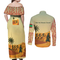 Mauritania Couples Matching Off Shoulder Maxi Dress and Long Sleeve Button Shirt with Sidi the Sahara Camel Cartoon and Desert Caravan Design