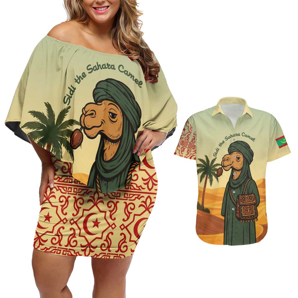 Mauritania Couples Matching Off Shoulder Short Dress and Hawaiian Shirt with Sidi the Sahara Camel Cartoon and Desert Caravan Design