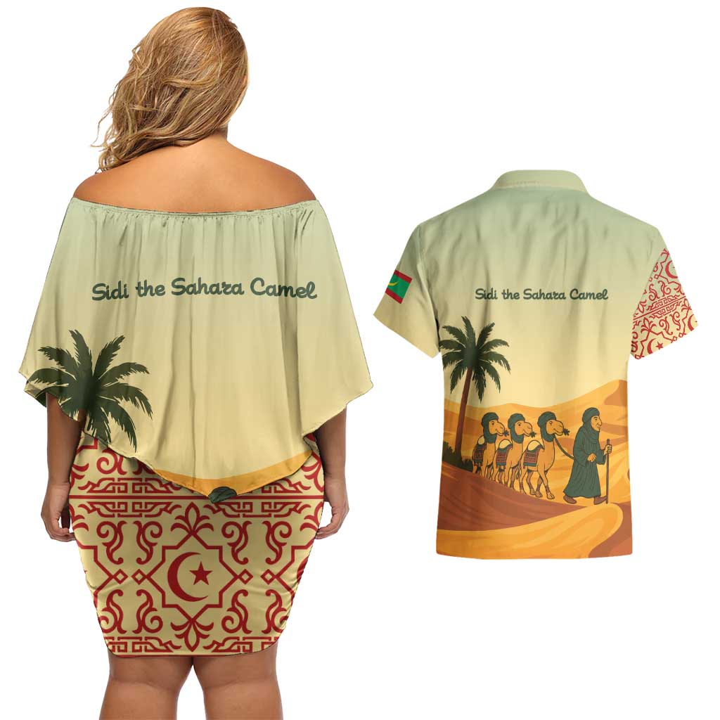 Mauritania Couples Matching Off Shoulder Short Dress and Hawaiian Shirt with Sidi the Sahara Camel Cartoon and Desert Caravan Design
