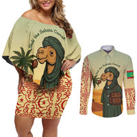 Mauritania Couples Matching Off Shoulder Short Dress and Long Sleeve Button Shirt with Sidi the Sahara Camel Cartoon and Desert Caravan Design