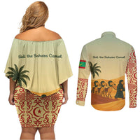 Mauritania Couples Matching Off Shoulder Short Dress and Long Sleeve Button Shirt with Sidi the Sahara Camel Cartoon and Desert Caravan Design