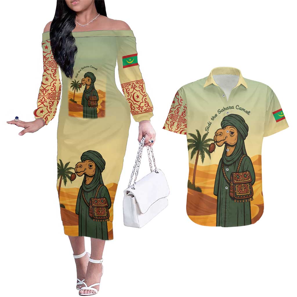 Mauritania Couples Matching Off The Shoulder Long Sleeve Dress and Hawaiian Shirt with Sidi the Sahara Camel Cartoon and Desert Caravan Design