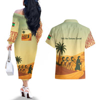 Mauritania Couples Matching Off The Shoulder Long Sleeve Dress and Hawaiian Shirt with Sidi the Sahara Camel Cartoon and Desert Caravan Design