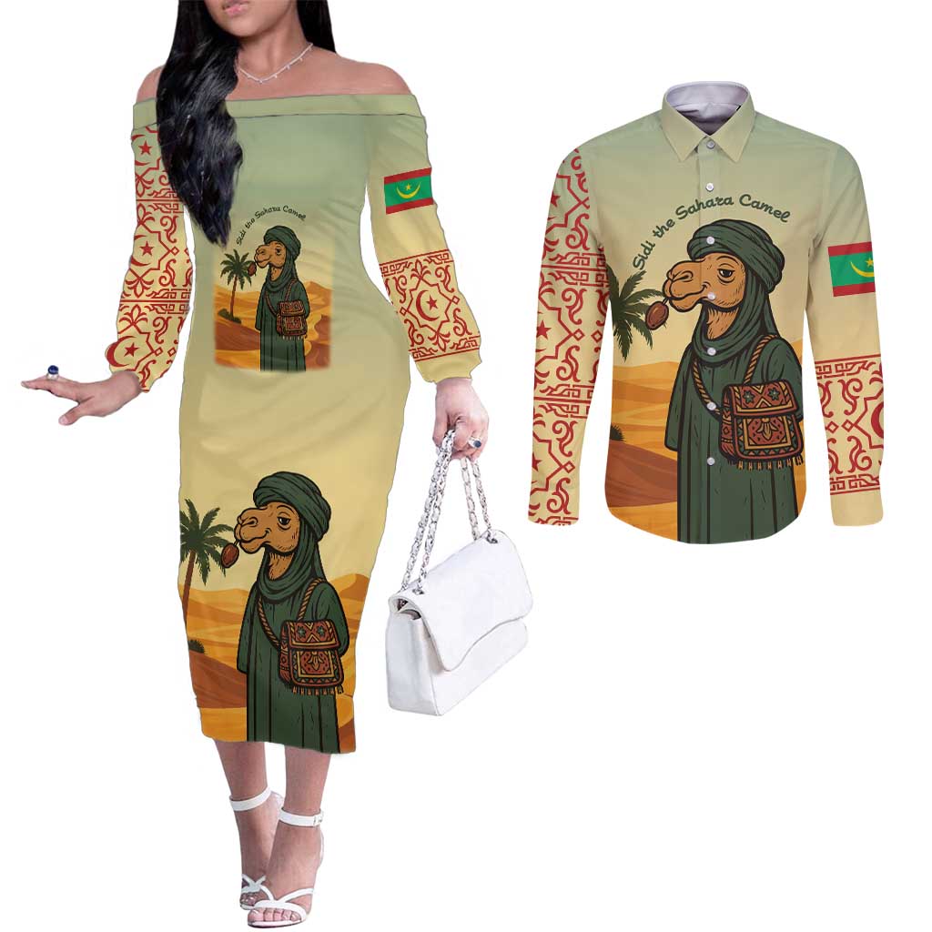 Mauritania Couples Matching Off The Shoulder Long Sleeve Dress and Long Sleeve Button Shirt with Sidi the Sahara Camel Cartoon and Desert Caravan Design