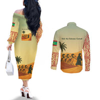 Mauritania Couples Matching Off The Shoulder Long Sleeve Dress and Long Sleeve Button Shirt with Sidi the Sahara Camel Cartoon and Desert Caravan Design
