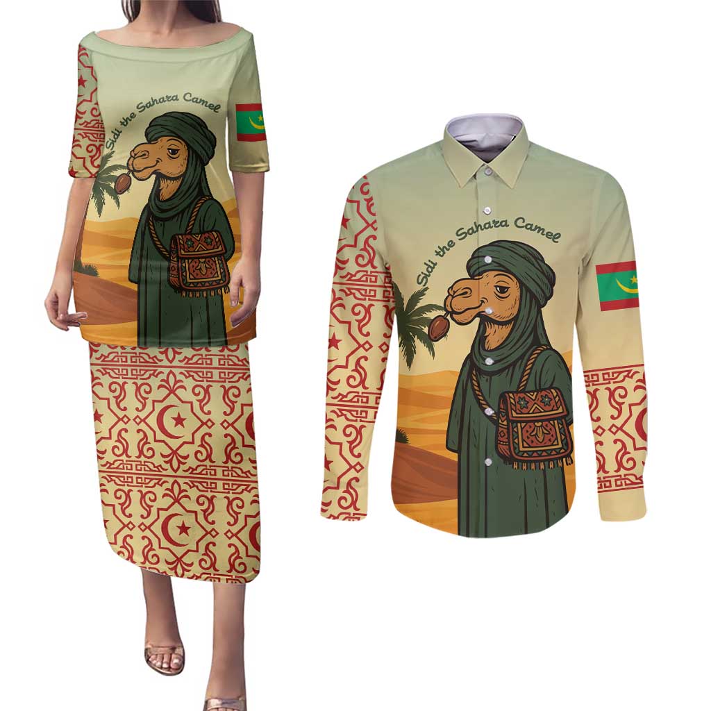 Mauritania Couples Matching Puletasi and Long Sleeve Button Shirt with Sidi the Sahara Camel Cartoon and Desert Caravan Design