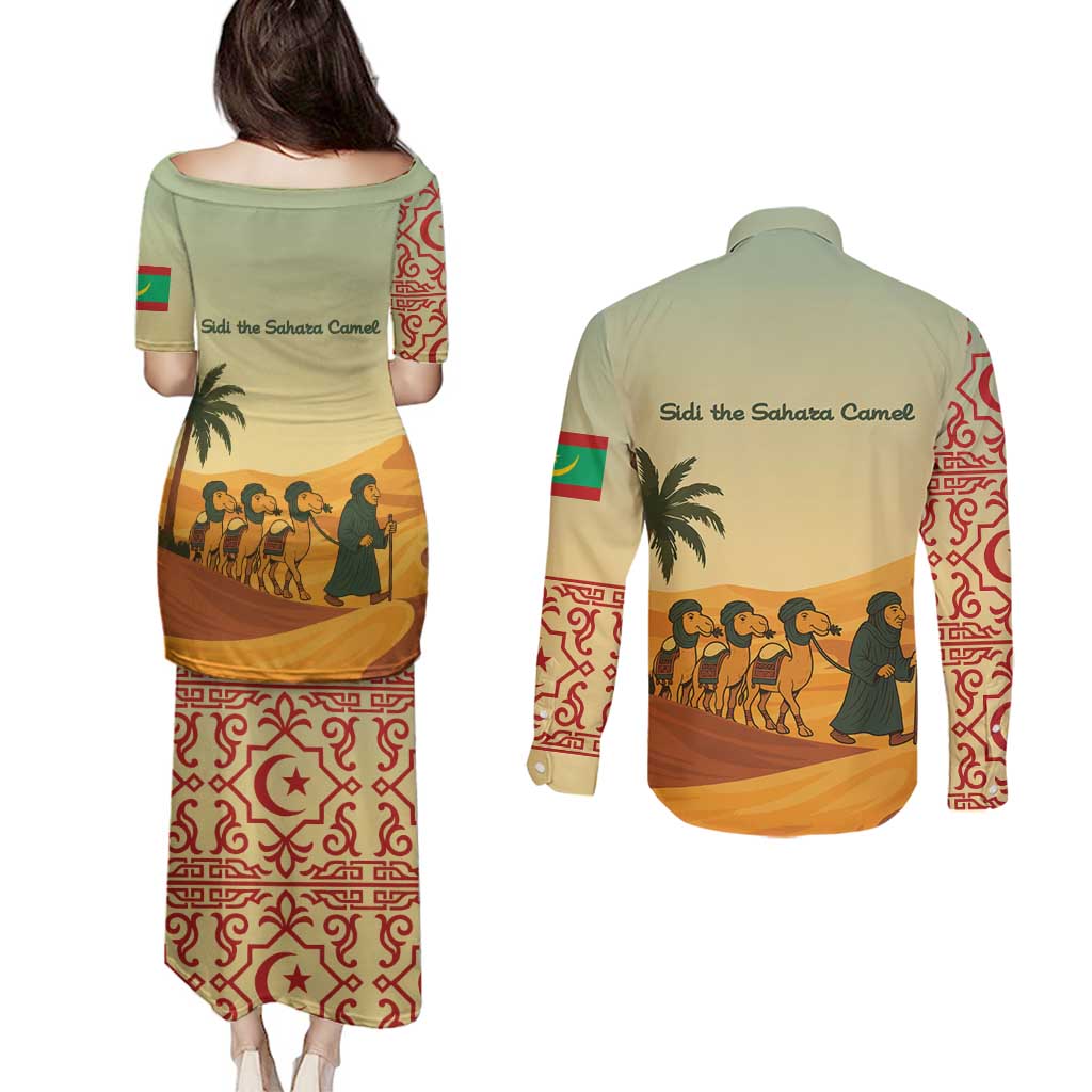 Mauritania Couples Matching Puletasi and Long Sleeve Button Shirt with Sidi the Sahara Camel Cartoon and Desert Caravan Design