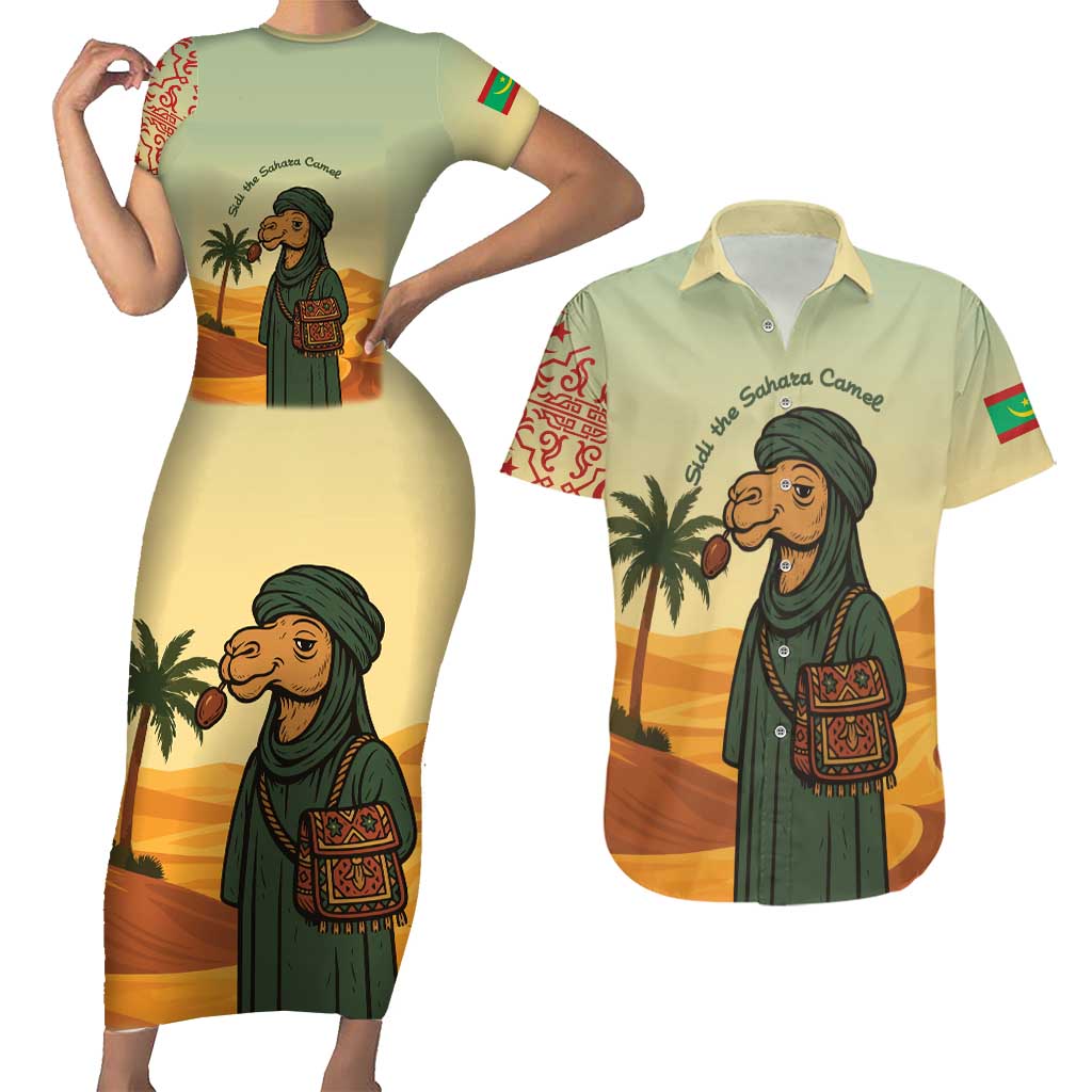 Mauritania Couples Matching Short Sleeve Bodycon Dress and Hawaiian Shirt with Sidi the Sahara Camel Cartoon and Desert Caravan Design