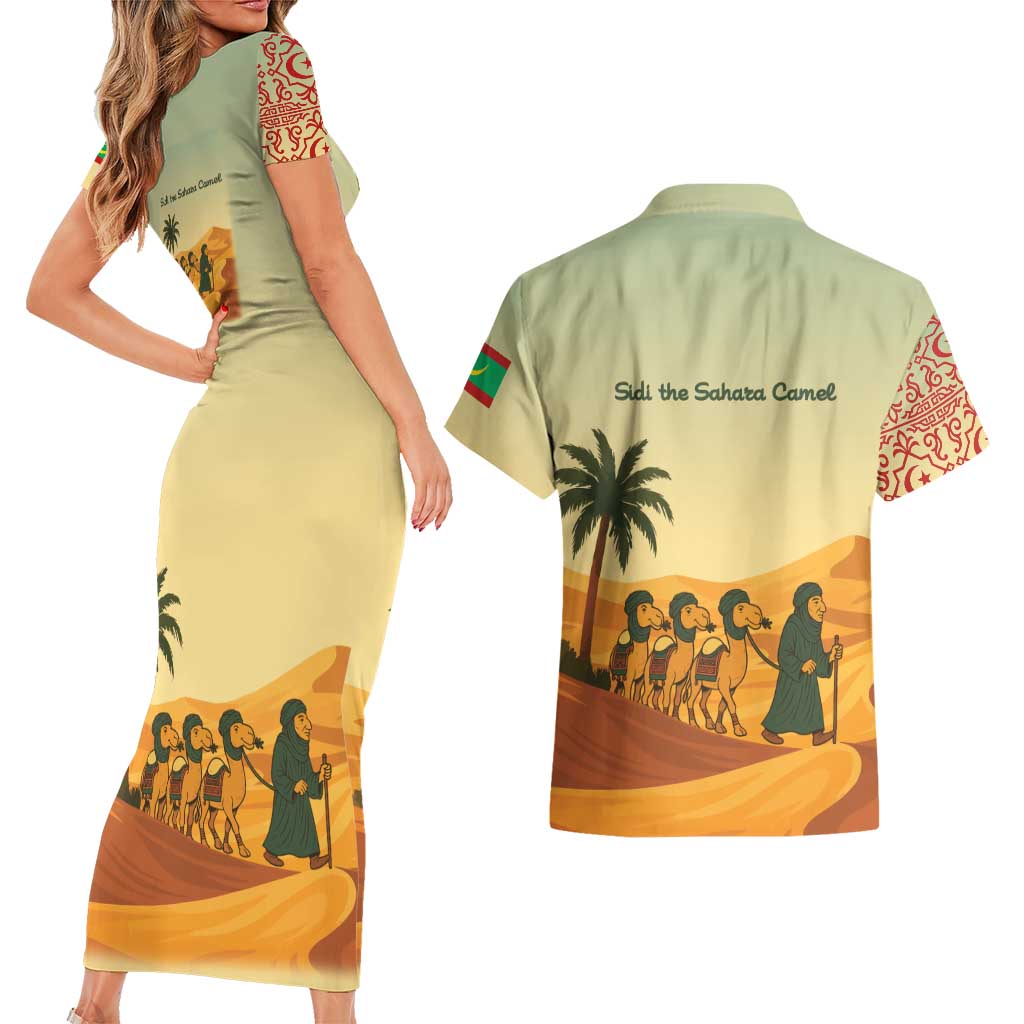 Mauritania Couples Matching Short Sleeve Bodycon Dress and Hawaiian Shirt with Sidi the Sahara Camel Cartoon and Desert Caravan Design