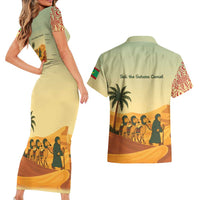 Mauritania Couples Matching Short Sleeve Bodycon Dress and Hawaiian Shirt with Sidi the Sahara Camel Cartoon and Desert Caravan Design