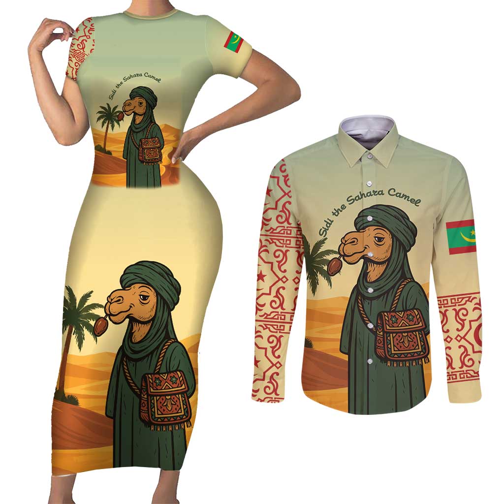 Mauritania Couples Matching Short Sleeve Bodycon Dress and Long Sleeve Button Shirt with Sidi the Sahara Camel Cartoon and Desert Caravan Design