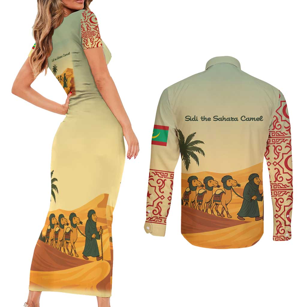 Mauritania Couples Matching Short Sleeve Bodycon Dress and Long Sleeve Button Shirt with Sidi the Sahara Camel Cartoon and Desert Caravan Design