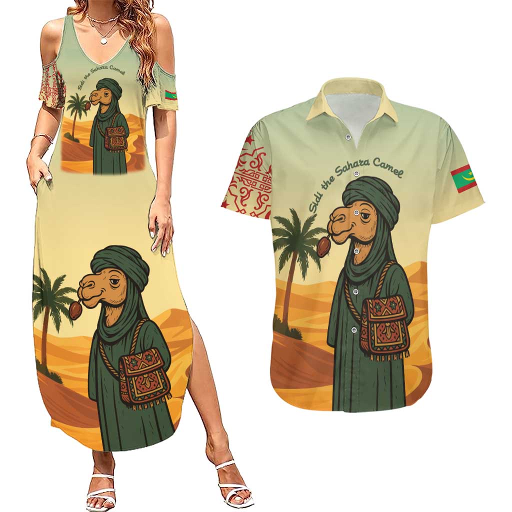 Mauritania Couples Matching Summer Maxi Dress and Hawaiian Shirt with Sidi the Sahara Camel Cartoon and Desert Caravan Design
