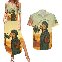 Mauritania Couples Matching Summer Maxi Dress and Hawaiian Shirt with Sidi the Sahara Camel Cartoon and Desert Caravan Design