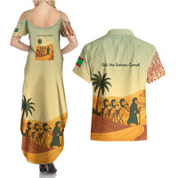 Mauritania Couples Matching Summer Maxi Dress and Hawaiian Shirt with Sidi the Sahara Camel Cartoon and Desert Caravan Design